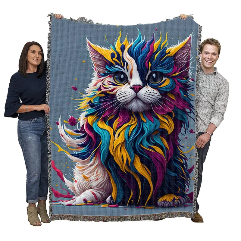 Blue Eyed Cat with Colorful Head Woven Blanket