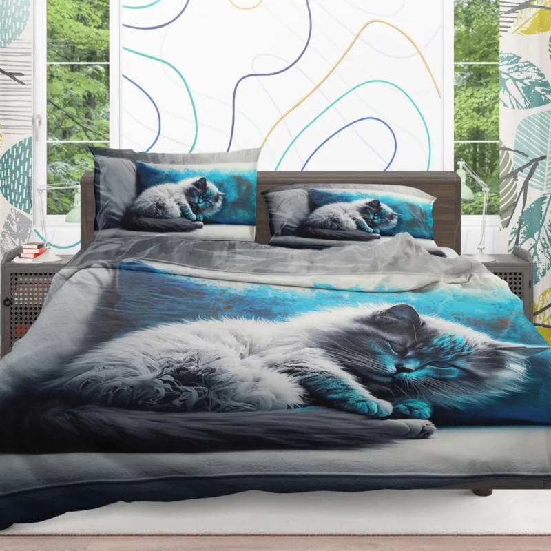 Blue-Eyed Sleeping Cat on Grey Couch Bedding Set