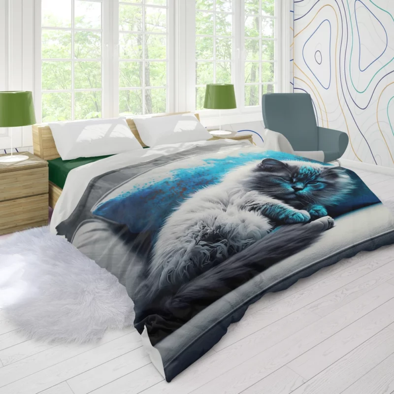 Blue-Eyed Sleeping Cat on Grey Couch Duvet Cover