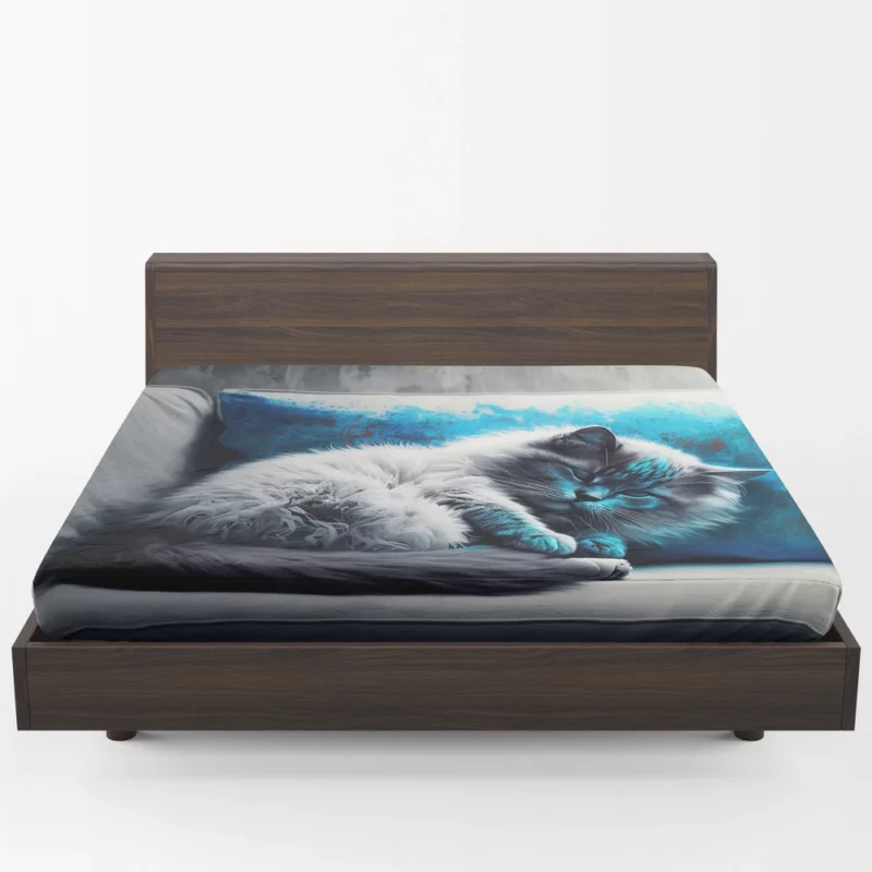 Blue-Eyed Sleeping Cat on Grey Couch Fitted Sheet 1