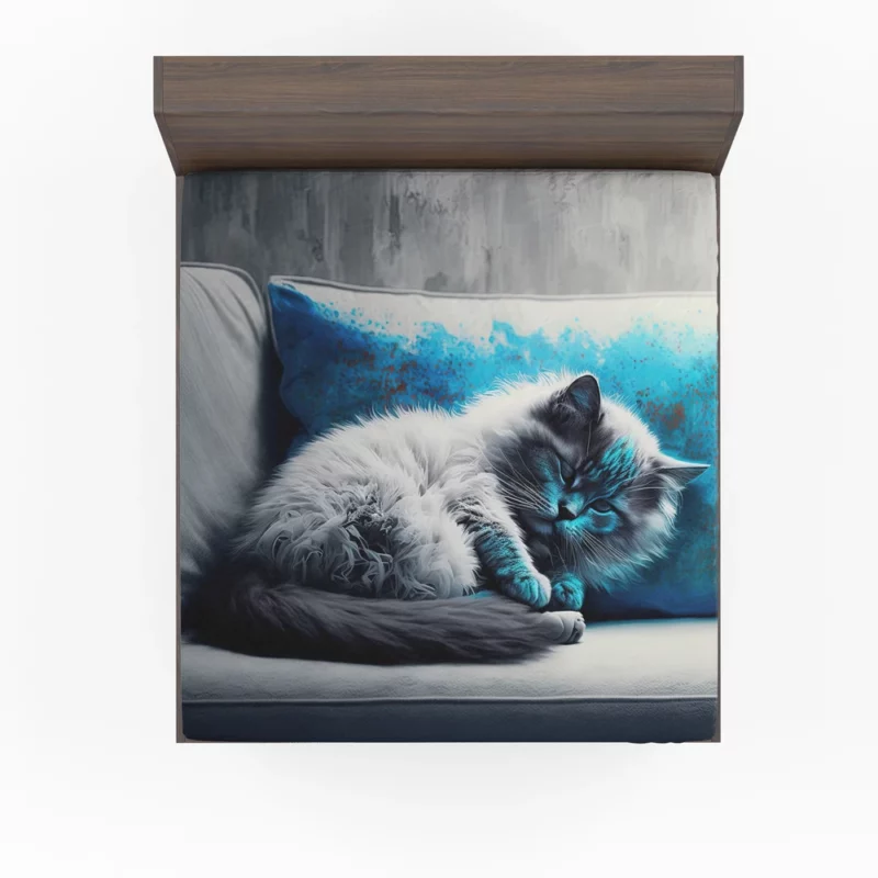 Blue-Eyed Sleeping Cat on Grey Couch Fitted Sheet