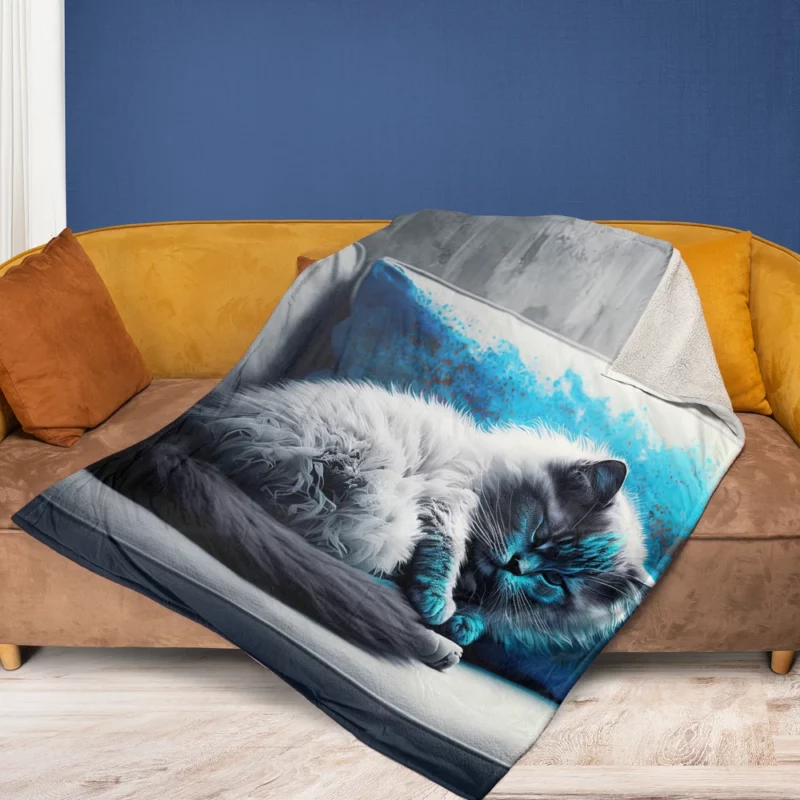 Blue-Eyed Sleeping Cat on Grey Couch Fleece Blanket 1