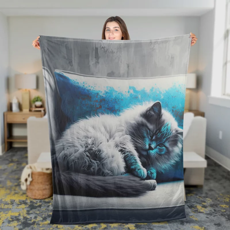 Blue-Eyed Sleeping Cat on Grey Couch Fleece Blanket 2