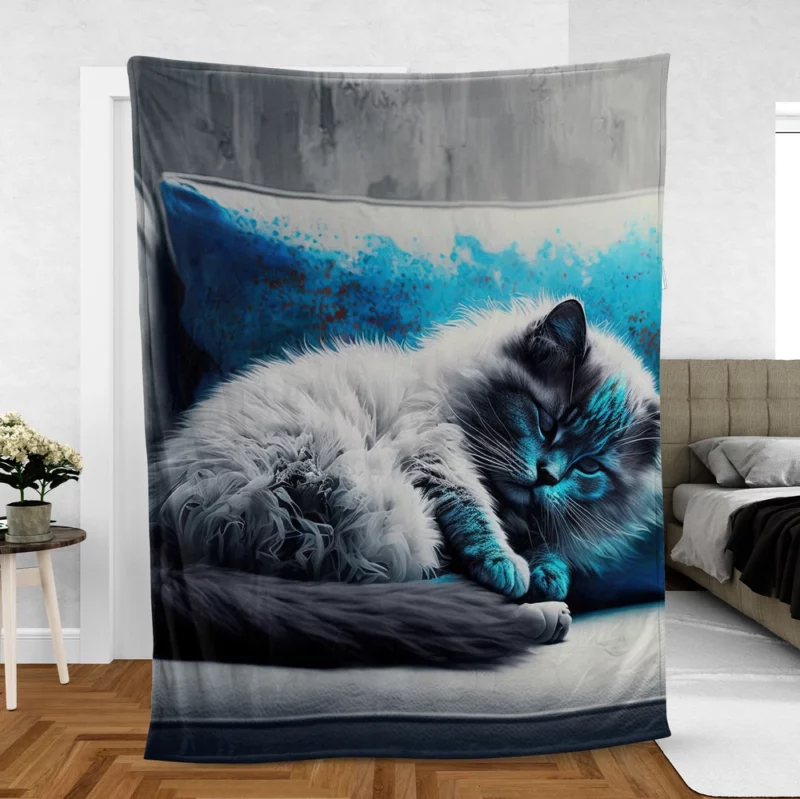 Blue-Eyed Sleeping Cat on Grey Couch Fleece Blanket