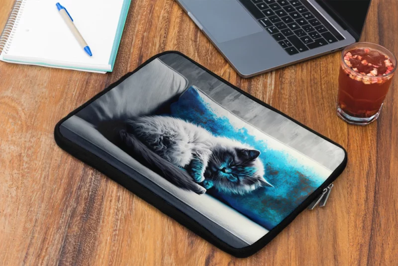 Blue-Eyed Sleeping Cat on Grey Couch Laptop Sleeve 2