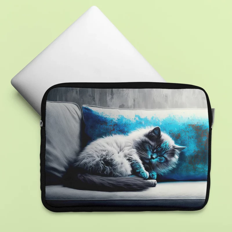 Blue-Eyed Sleeping Cat on Grey Couch Laptop Sleeve