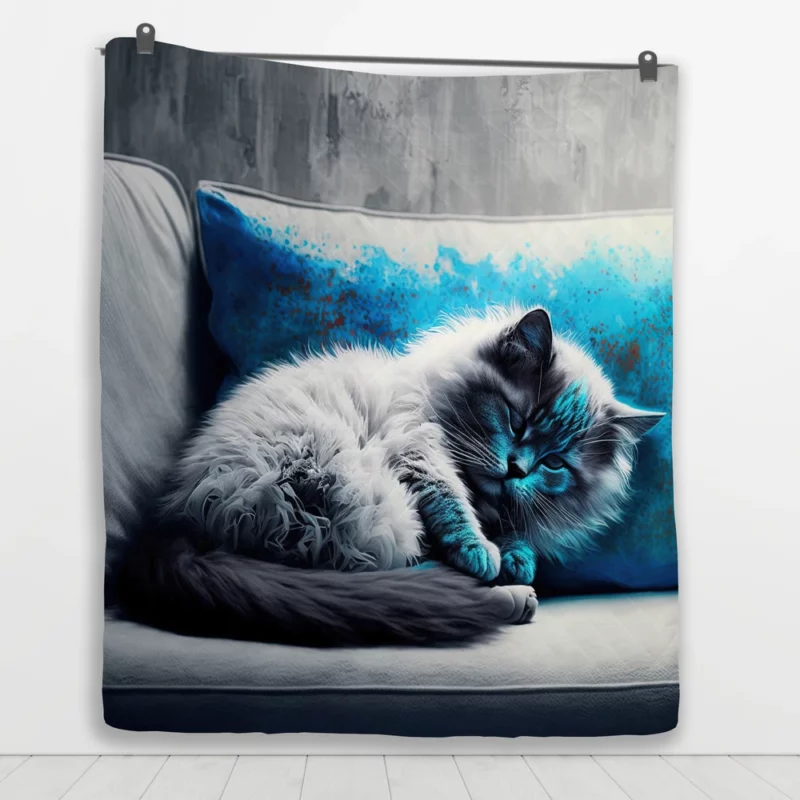 Blue-Eyed Sleeping Cat on Grey Couch Quilt Blanket 1