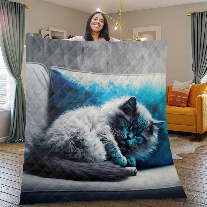 Blue-Eyed Sleeping Cat on Grey Couch Quilt Blanket