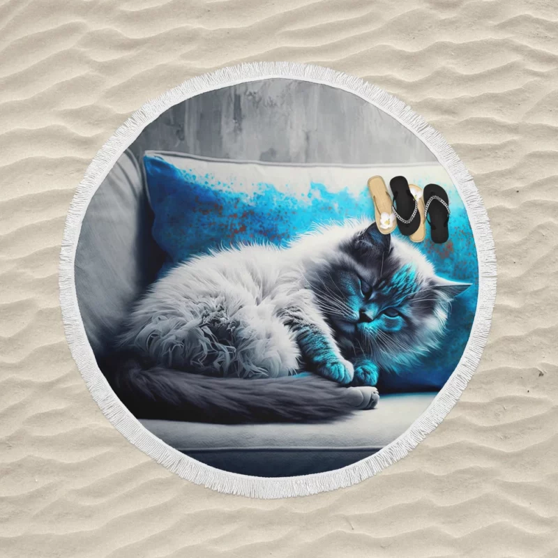 Blue-Eyed Sleeping Cat on Grey Couch Round Beach Towel