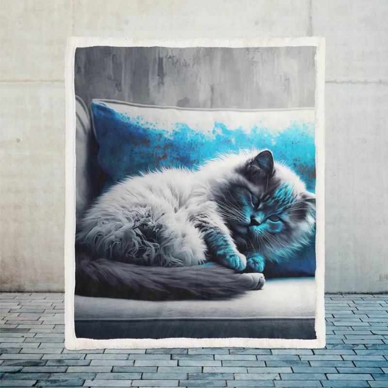 Blue-Eyed Sleeping Cat on Grey Couch Sherpa Fleece Blanket