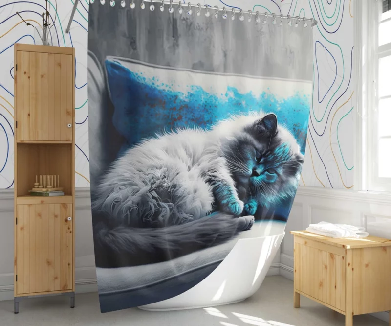 Blue-Eyed Sleeping Cat on Grey Couch Shower Curtain 1