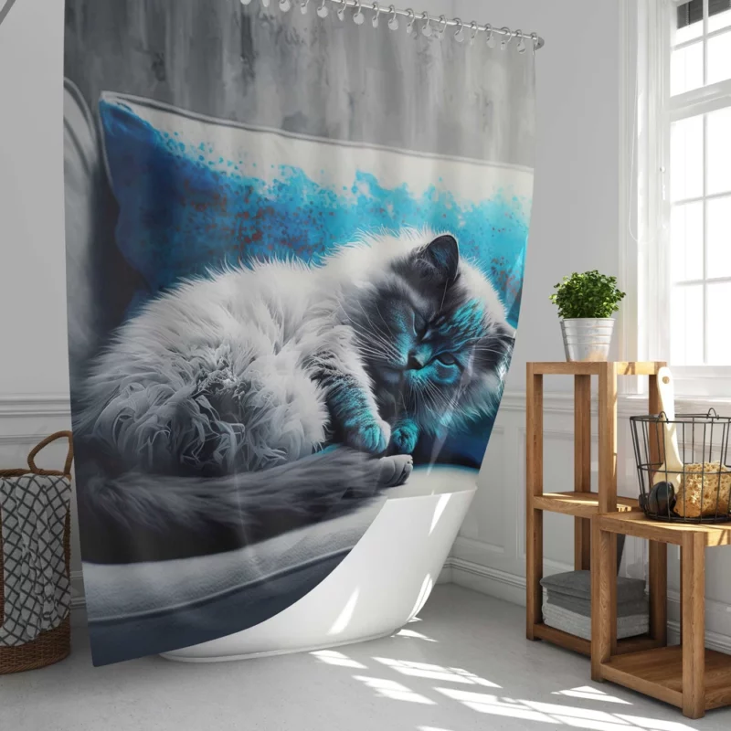 Blue-Eyed Sleeping Cat on Grey Couch Shower Curtain