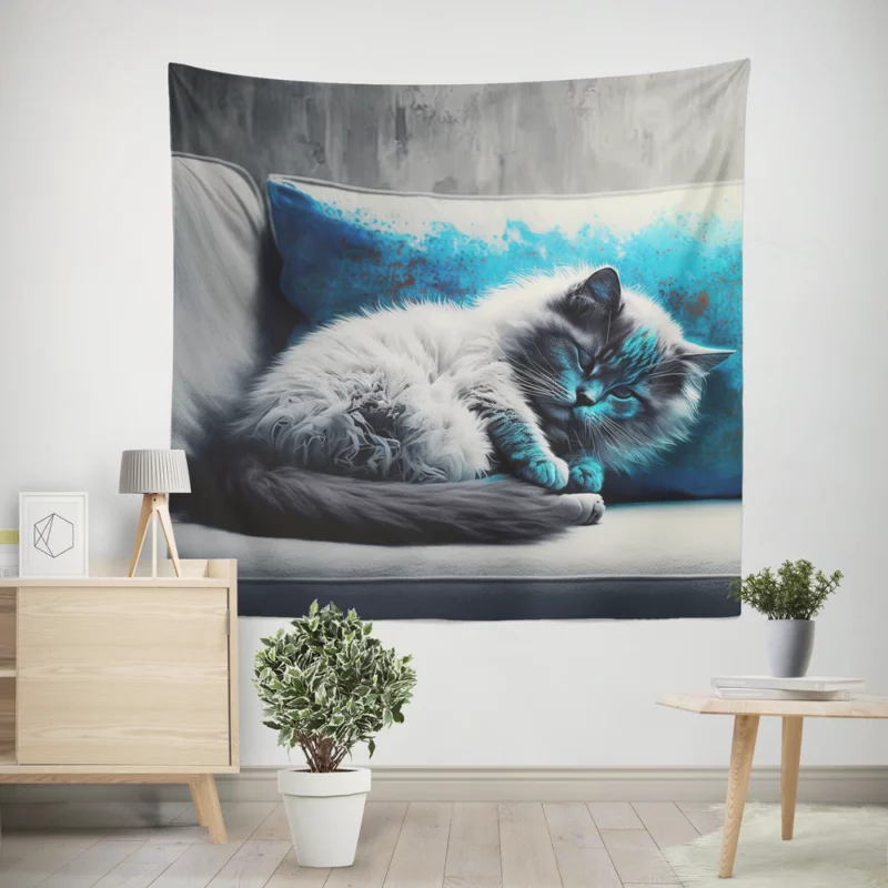 Blue-Eyed Sleeping Cat on Grey Couch Wall Tapestry