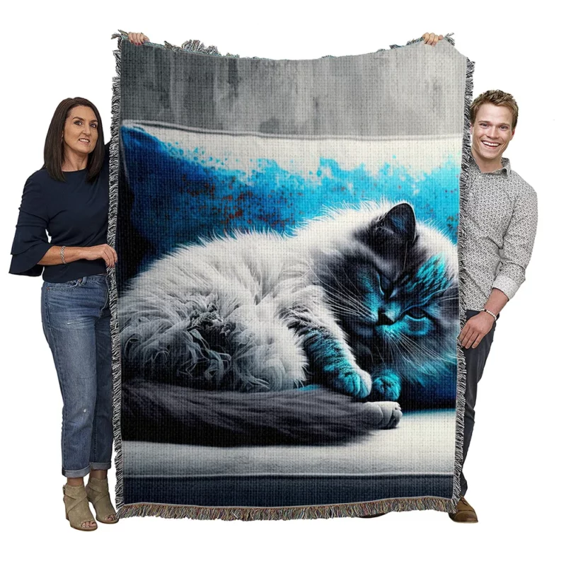 Blue Eyed Sleeping Cat on Grey Couch Woven Blanket