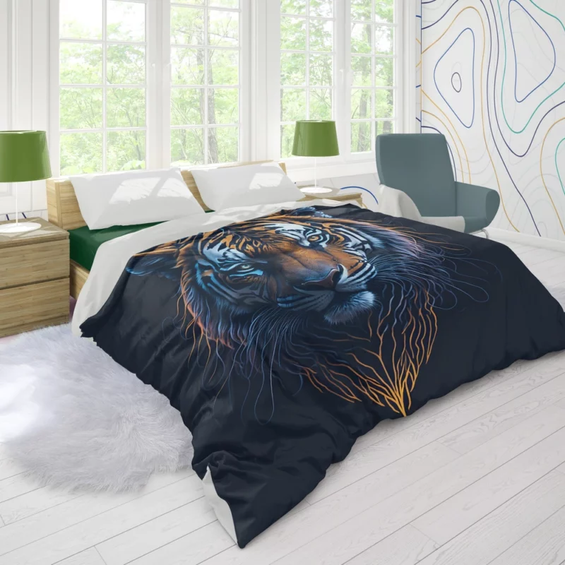 Blue-Eyed Tiger on Black Background Duvet Cover