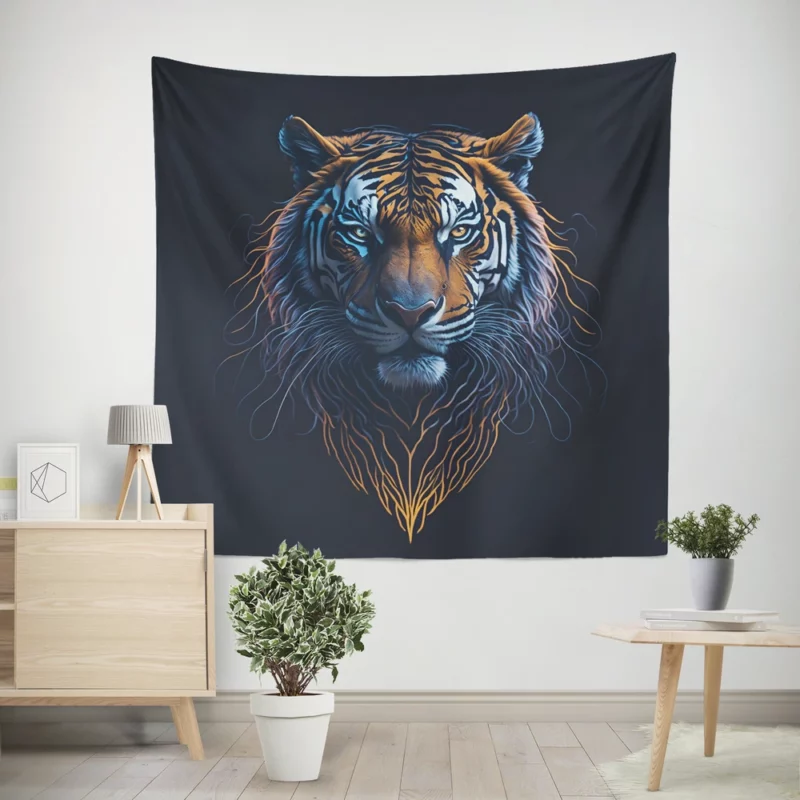 Blue-Eyed Tiger on Black Background Wall Tapestry