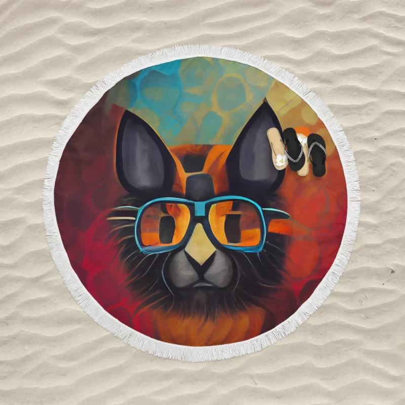 Bobcat Wearing Glasses Art Round Beach Towel