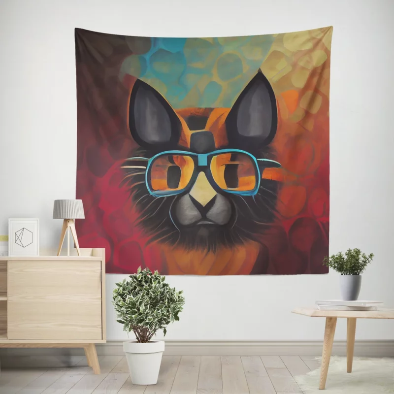 Bobcat Wearing Glasses Art Wall Tapestry