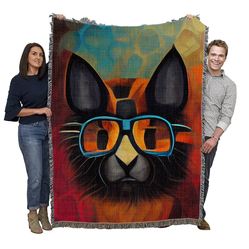 Bobcat Wearing Glasses Art Woven Blanket