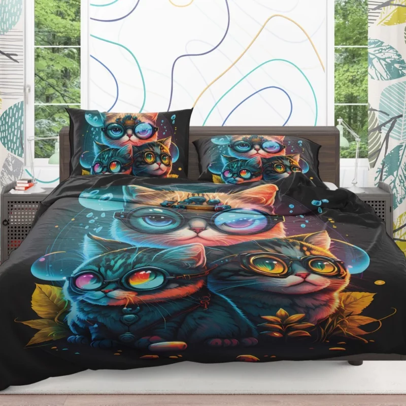 Cartoon Cat Character with Glasses Bedding Set