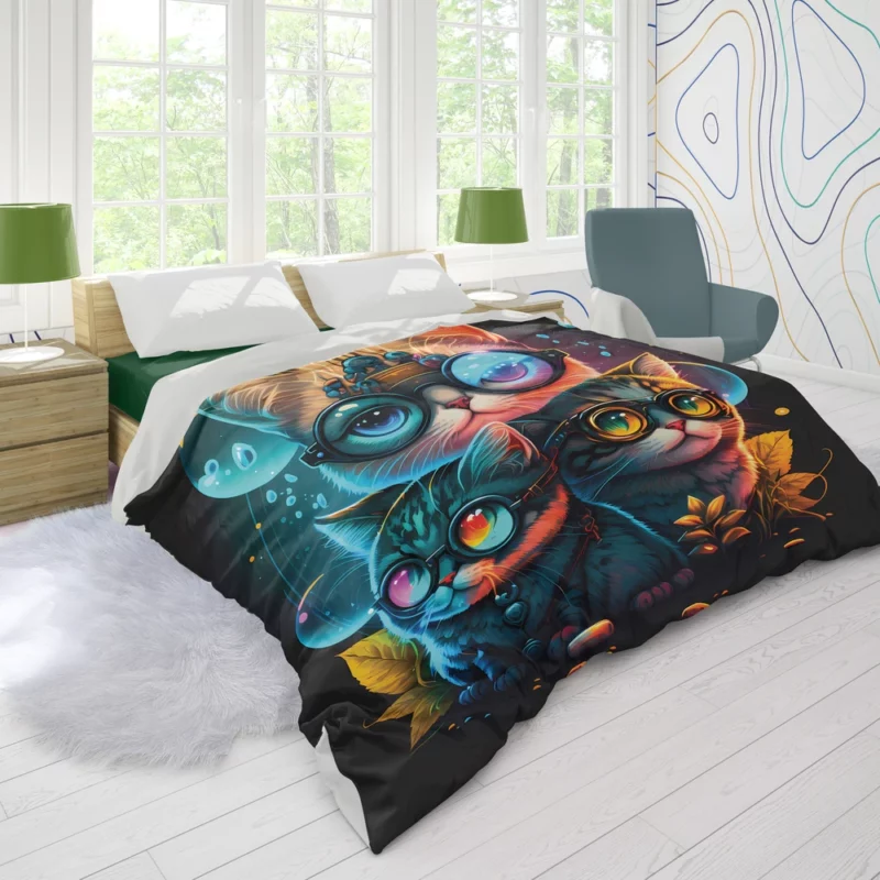 Cartoon Cat Character with Glasses Duvet Cover