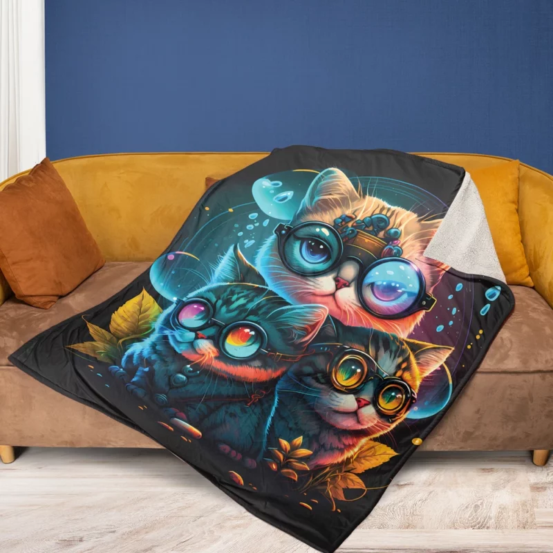 Cartoon Cat Character with Glasses Fleece Blanket 1