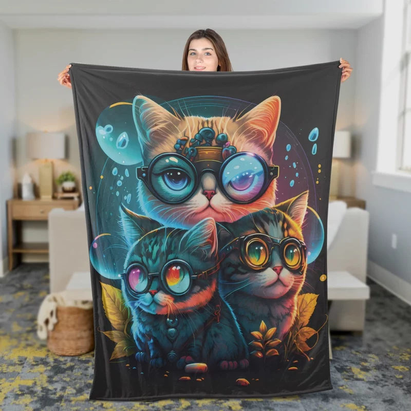 Cartoon Cat Character with Glasses Fleece Blanket 2