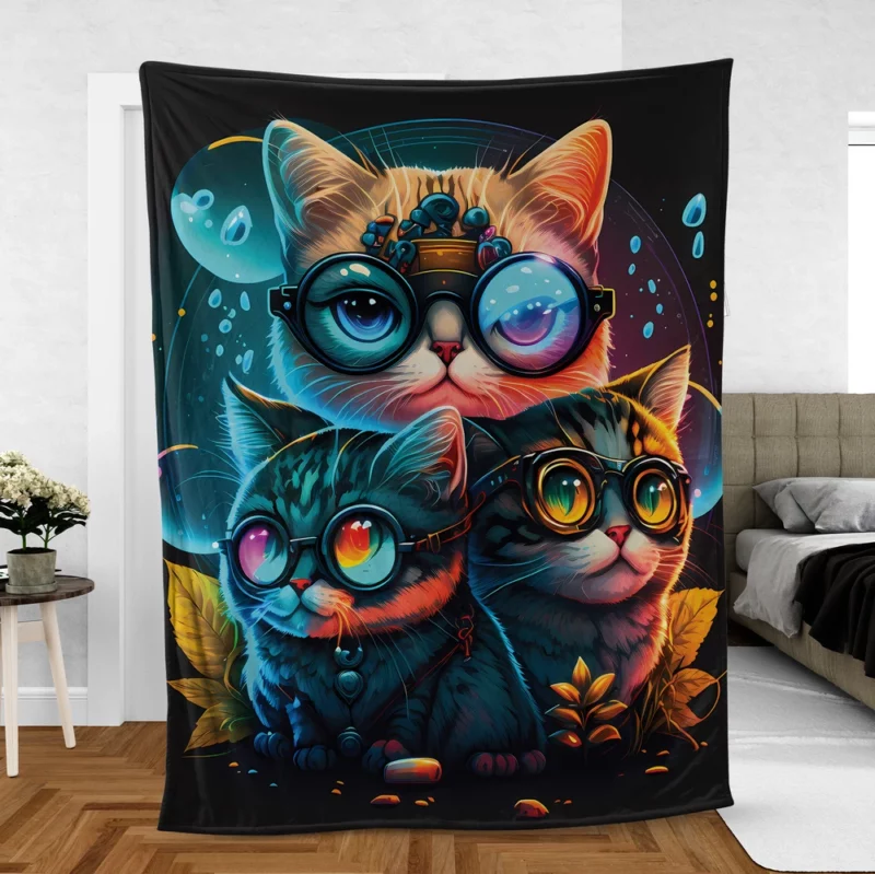 Cartoon Cat Character with Glasses Fleece Blanket