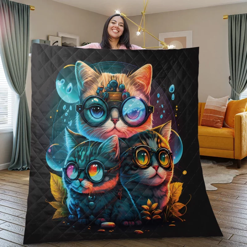 Cartoon Cat Character with Glasses Quilt Blanket