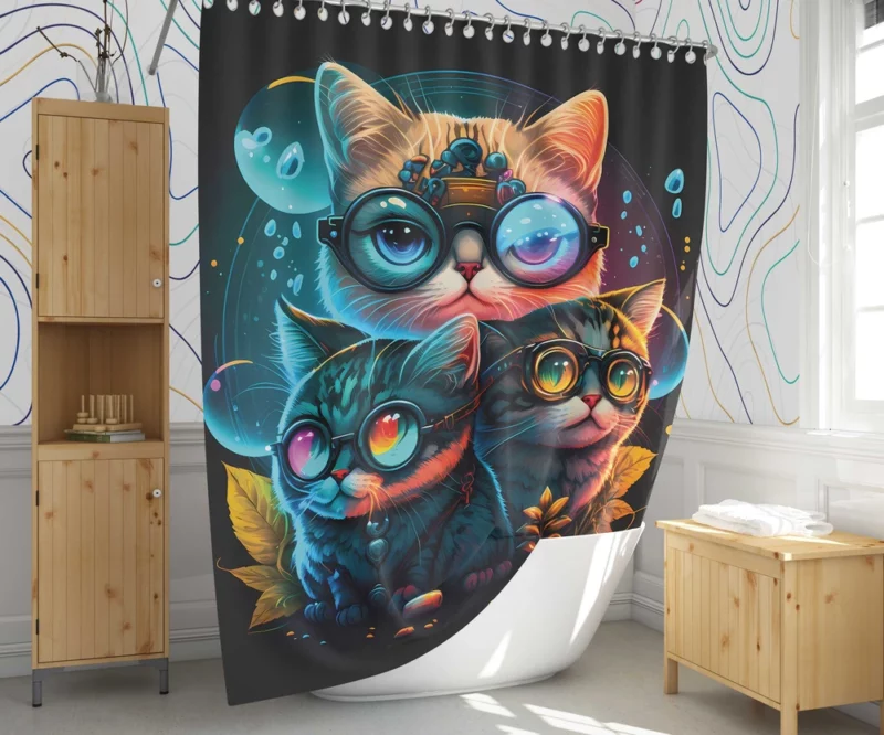 Cartoon Cat Character with Glasses Shower Curtain 1