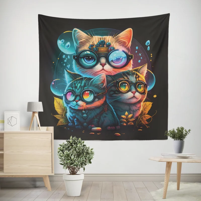 Cartoon Cat Character with Glasses Wall Tapestry