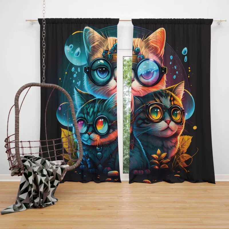 Cartoon Cat Character with Glasses Window Curtain