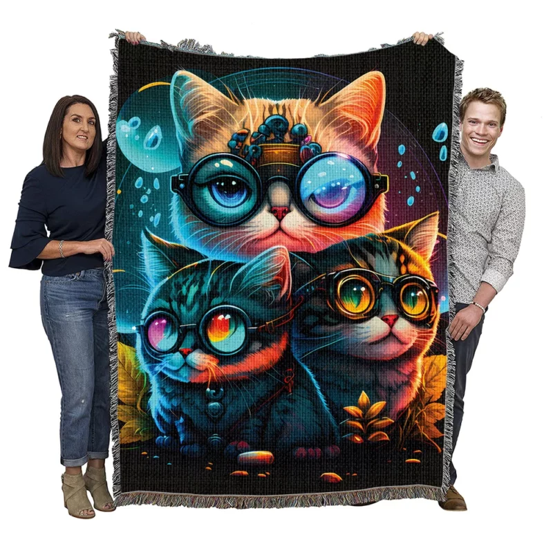 Cartoon Cat Character with Glasses Woven Blanket