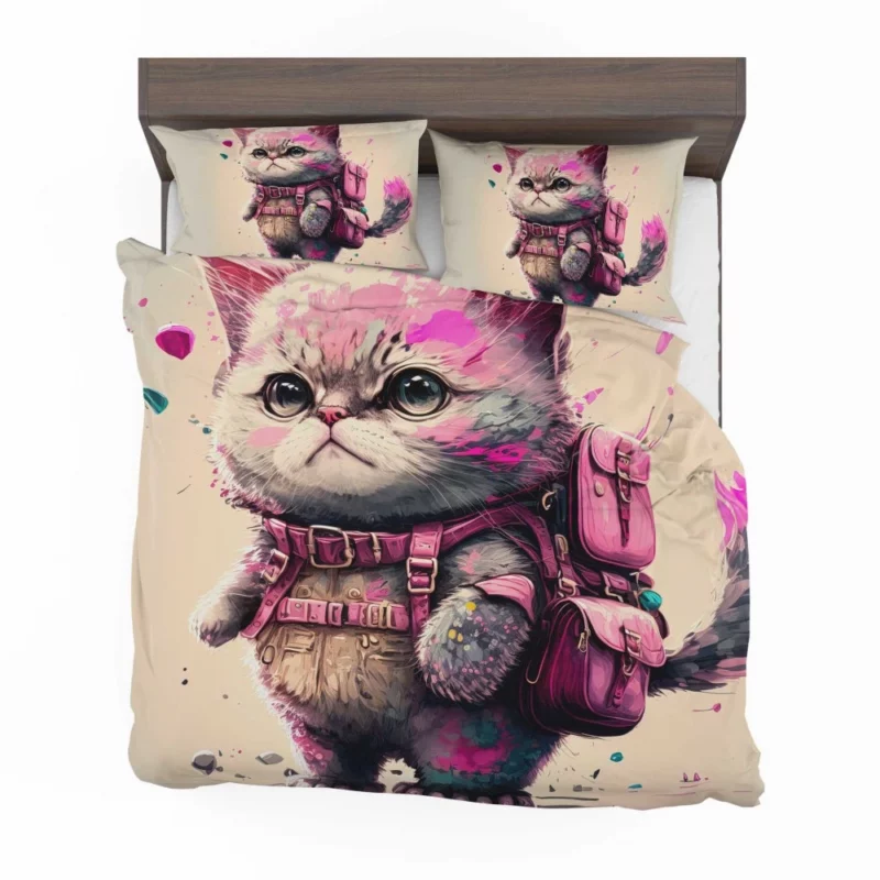 Cartoon Cat with Pink Backpack Bedding Set 2