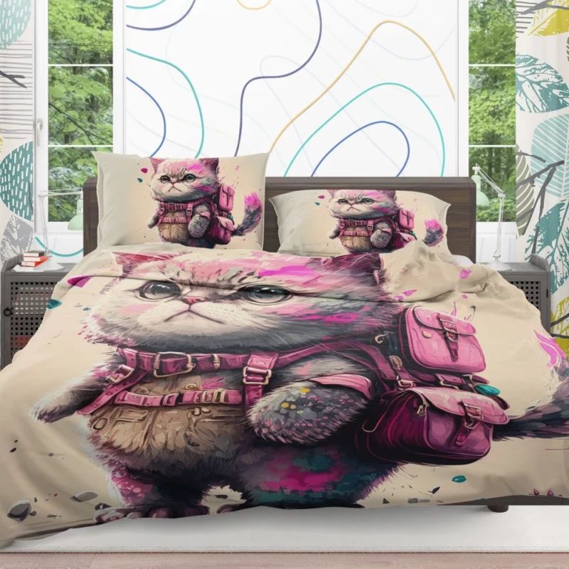 Cartoon Cat with Pink Backpack Bedding Set