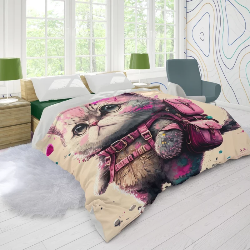 Cartoon Cat with Pink Backpack Duvet Cover