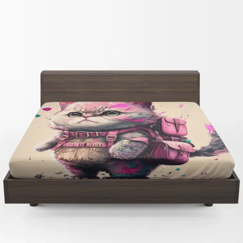 Cartoon Cat with Pink Backpack Fitted Sheet 1