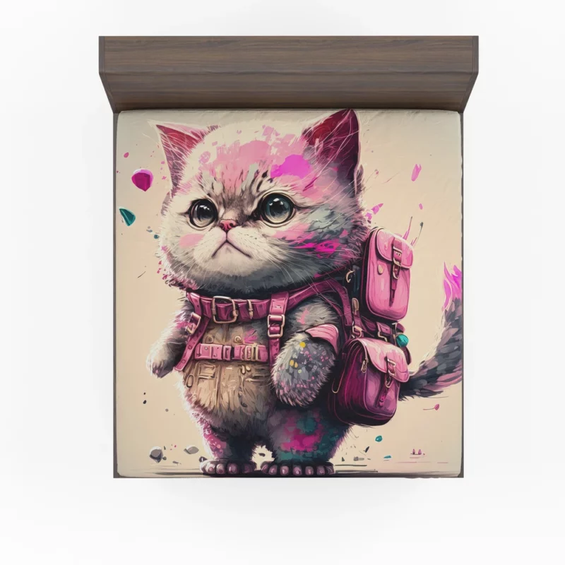 Cartoon Cat with Pink Backpack Fitted Sheet