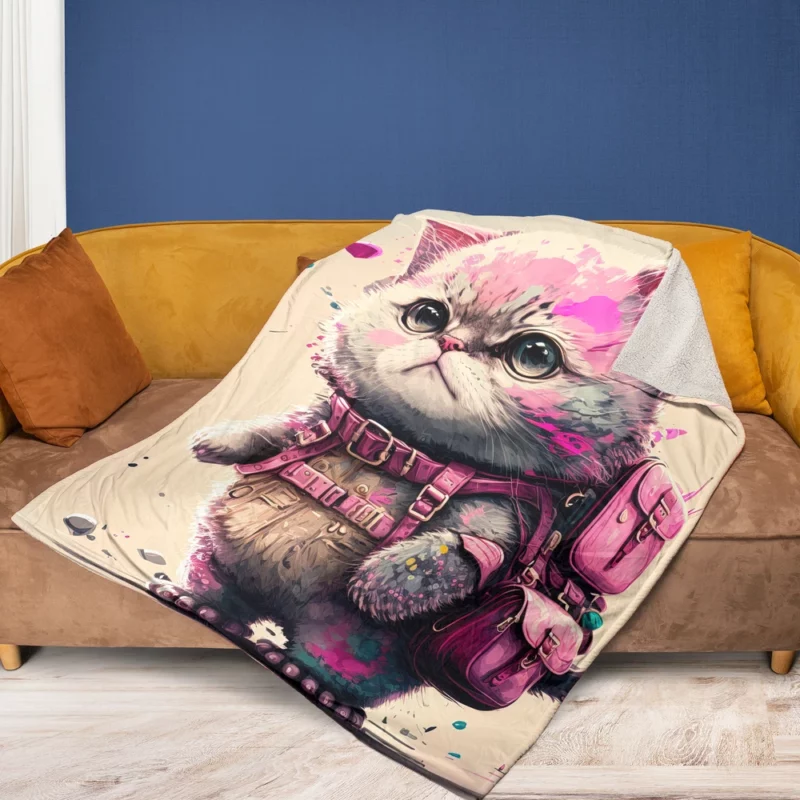 Cartoon Cat with Pink Backpack Fleece Blanket 1