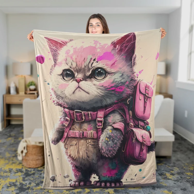 Cartoon Cat with Pink Backpack Fleece Blanket 2