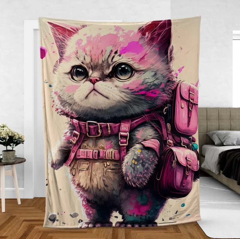 Cartoon Cat with Pink Backpack Fleece Blanket