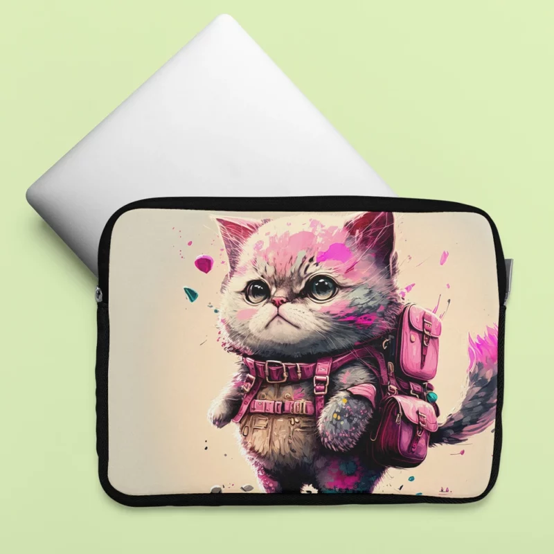 Cartoon Cat with Pink Backpack Laptop Sleeve