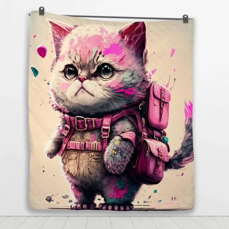 Cartoon Cat with Pink Backpack Quilt Blanket 1