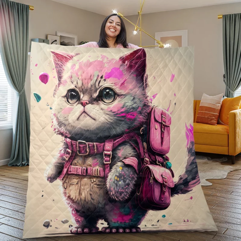 Cartoon Cat with Pink Backpack Quilt Blanket