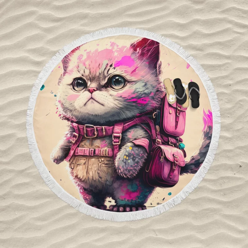 Cartoon Cat with Pink Backpack Round Beach Towel