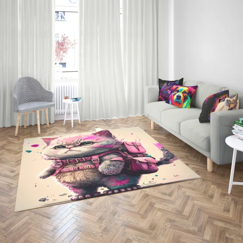 Cartoon Cat with Pink Backpack Rug 2