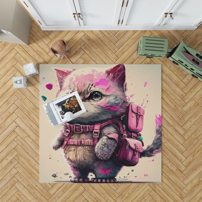 Cartoon Cat with Pink Backpack Rug