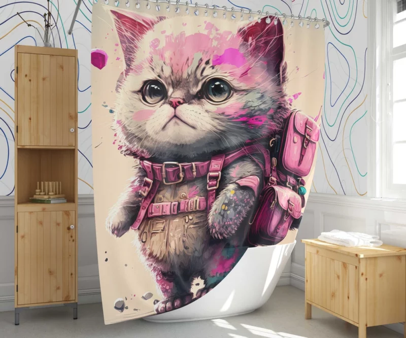 Cartoon Cat with Pink Backpack Shower Curtain 1