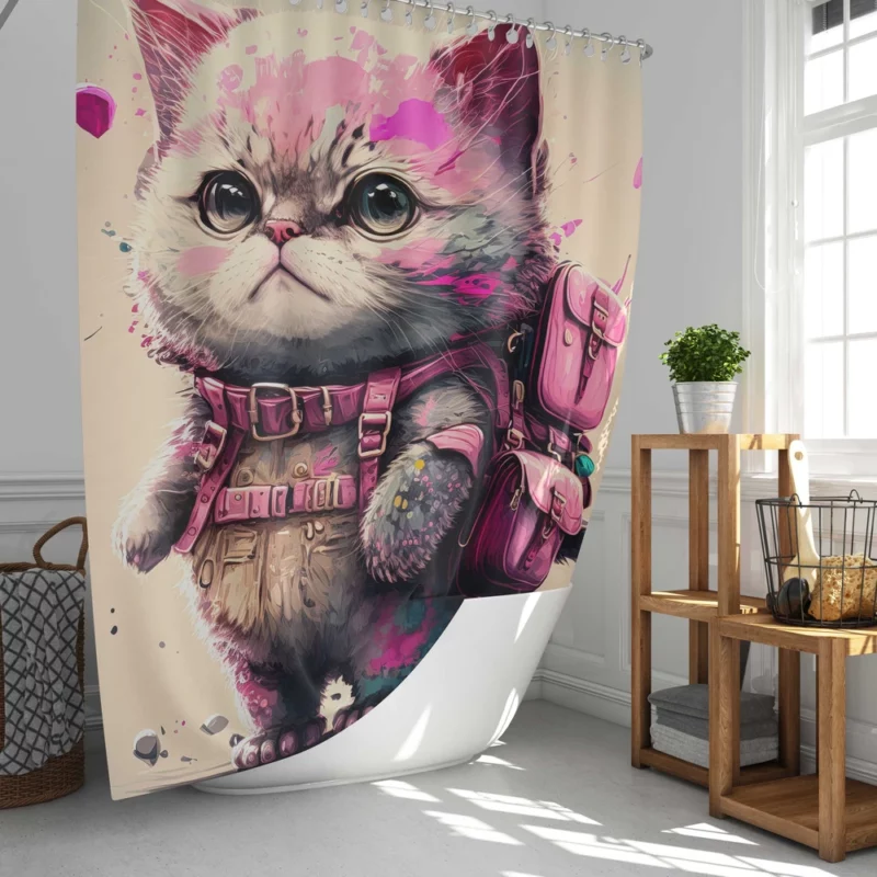 Cartoon Cat with Pink Backpack Shower Curtain