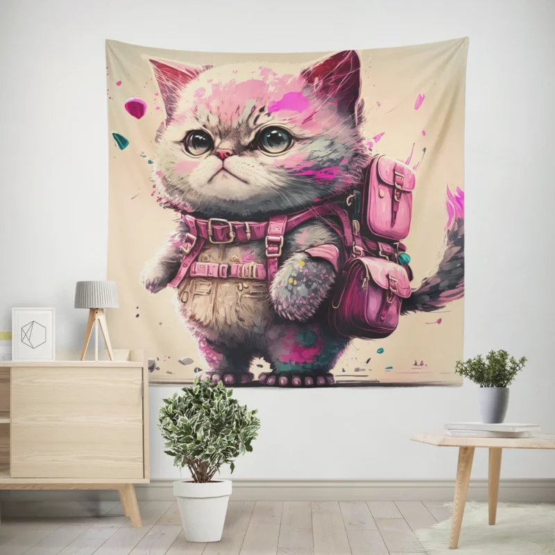 Cartoon Cat with Pink Backpack Wall Tapestry